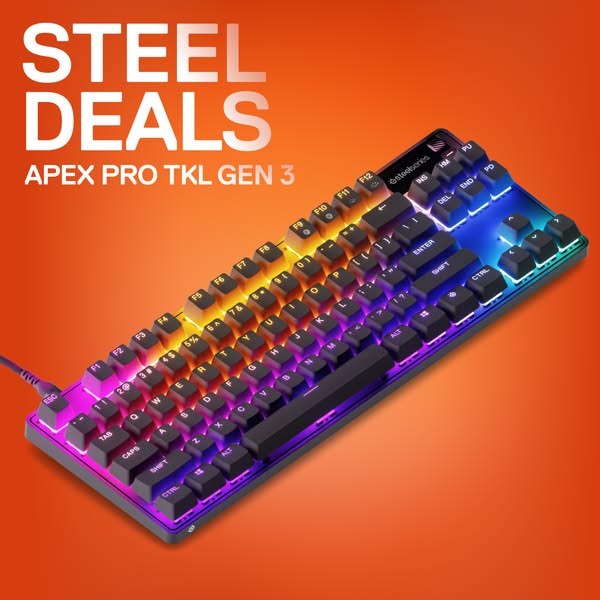 Ad for SteelSeries Apex Pro TKL Gen 3 mechanical gaming keyboard.