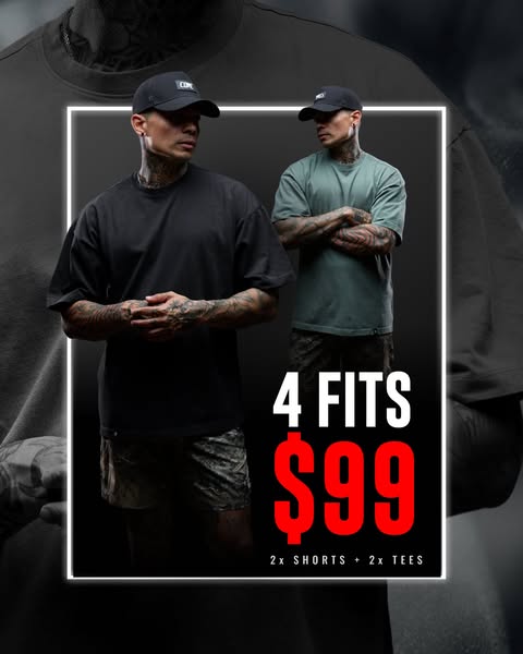 The ad showcases a clothing brand that sells t-shirts and shorts, emphasizing the offer of 4 fits for $99. It features t