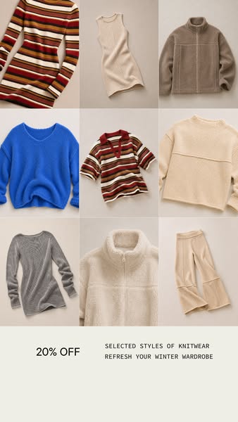 This ad is for selected styles of knitwear and offers 20% off. The ad uses a grid layout to showcase a variety of knitwe