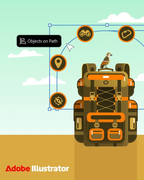 This ad showcases the 'Objects on Path' feature in Adobe Illustrator, demonstrating how to easily arrange object
