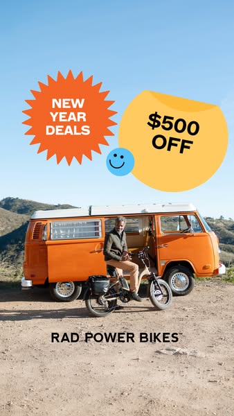 This image ad for Rad Power Bikes features a man sitting on an e-bike in front of an orange van. The ad promotes New Yea
