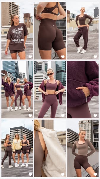 This ad features a 3x3 grid of images showcasing a variety of workout clothing from Muscle Nation. The women featured ar