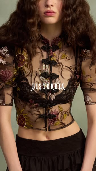 The ad showcases a floral embroidered, black mesh crop top from Disturbia. The image focuses on the garment's intric