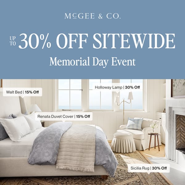 An image ad for McGee & Co.'s Memorial Day Event, offering up to 30% off sitewide. The ad features a beautifully