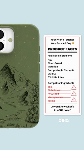 This ad features a phone case next to a chart outlining Pela's case ingredients and comparing them to competitor ing