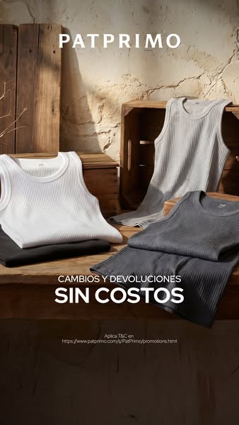This ad features multiple folded and stacked Patprimo tank tops, which are available in white, gray, and black, in a rus