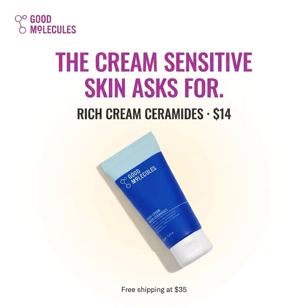 This ad promotes Good Molecules Rich Cream Ceramide moisturizer designed for sensitive skin. The ad features a direct pr