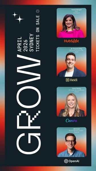 This image promotes the GROW conference in Sydney in April 2026, with tickets on sale. The focus is on showcasing the sp