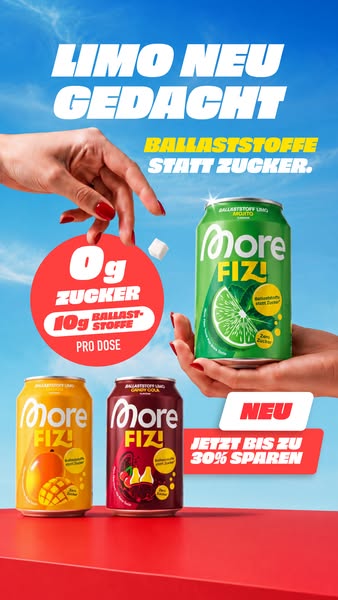This image ad is promoting a low-sugar, fiber-rich soda by the brand More FIZ!. The ad highlights that the soda contains