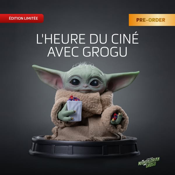 This image ad promotes a Grogu statue from the show The Mandalorian, depicting the character holding a container of cand