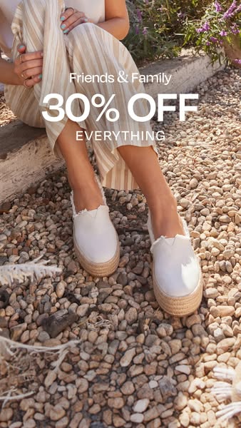 An image ad showing a woman seated outdoors, wearing espadrille platform shoes. The ad promotes a 30% off Friends & 