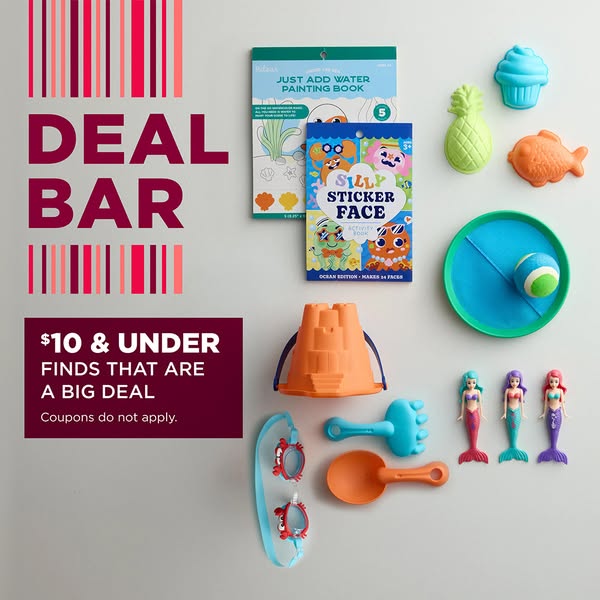 This ad promotes the 'Deal Bar' section, showcasing a selection of toys and activity books priced at $10 and und