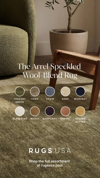 This image ad for Rugs USA showcases The Arrel Speckled Wool-Blend Rug. The ad features an interior setting to showcase 