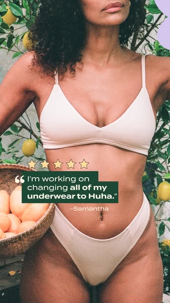 This ad features a woman in a matching bra and underwear set from Huha, set against a backdrop of a lemon tree. The ad i