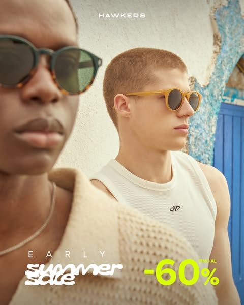 This ad for Hawker's Sunglasses features two male models wearing glasses with a sunny backdrop. The ad announces an 