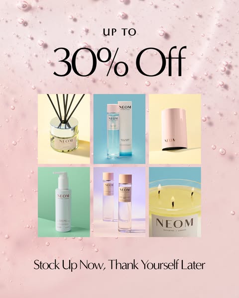 This ad promotes a sale for Neom wellbeing products, showcasing a variety of home fragrance and body care items.