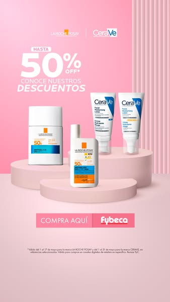 This ad showcases La Roche-Posay and CeraVe products on tiered platforms against a pink background. The ad highlights a 