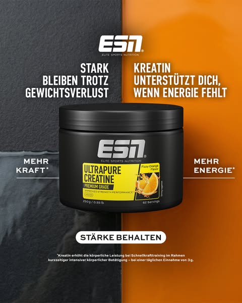 This image ad showcases the ESN Ultrapure Creatine supplement. The image is split in half. One side of the image highlig