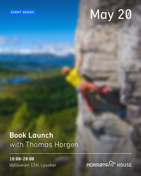 This ad promotes a book launch event with Thomas Horgen at Norrøna House on May 20. The ad features a blurred image of a