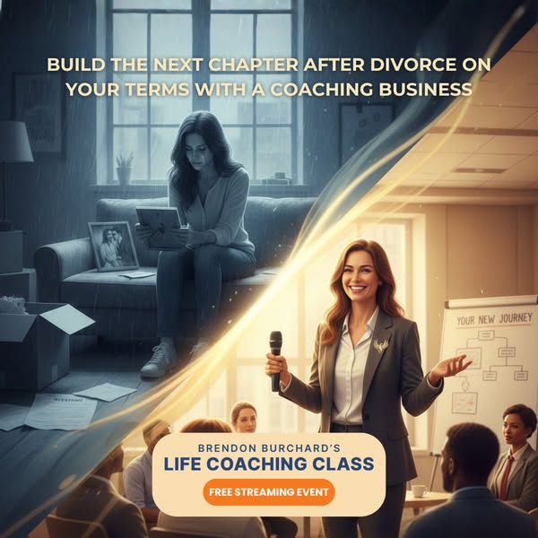 The image ad presents a before-and-after scenario for women after divorce, promising a path to rebuilding life and busin