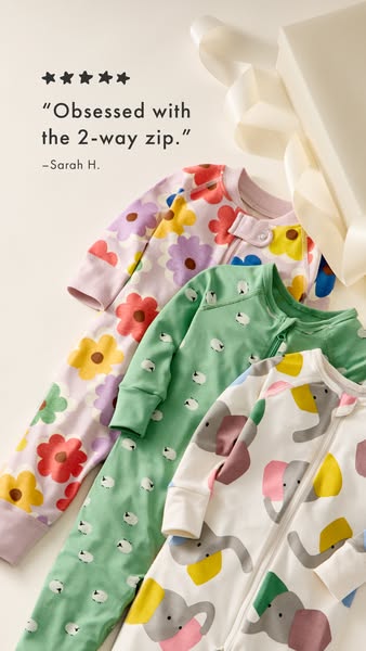 This image ad features a customer testimonial about the 2-way zip on baby pajamas. Several zippered pajama sleepers are