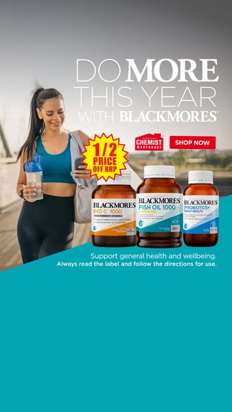 Image ad for Blackmores vitamins, promoting a limited-time offer of half-price RRP. It shows a woman with a water bottle