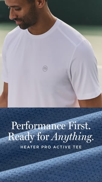 This image ad highlights a grey athletic t-shirt called the Heater Pro Active Tee from Travis Matthew and is described a