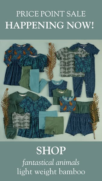 This ad showcases an array of baby and children's clothing made from light weight bamboo material with a 'fantas