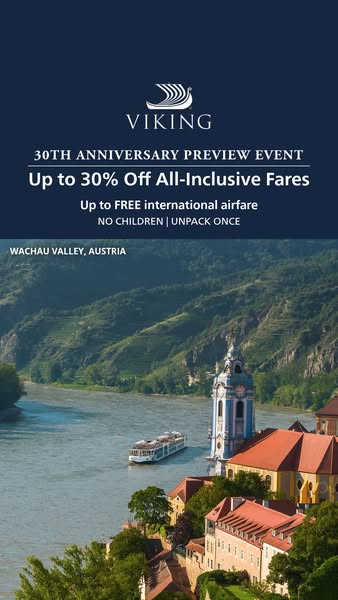 This image ad promotes Viking's 30th Anniversary Preview Event, offering up to 30% off all-inclusive fares and free