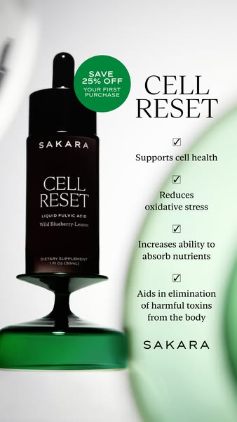 This image ad from Sakara promotes the Cell Reset dietary supplement. The ad calls out the health benefits of the supple