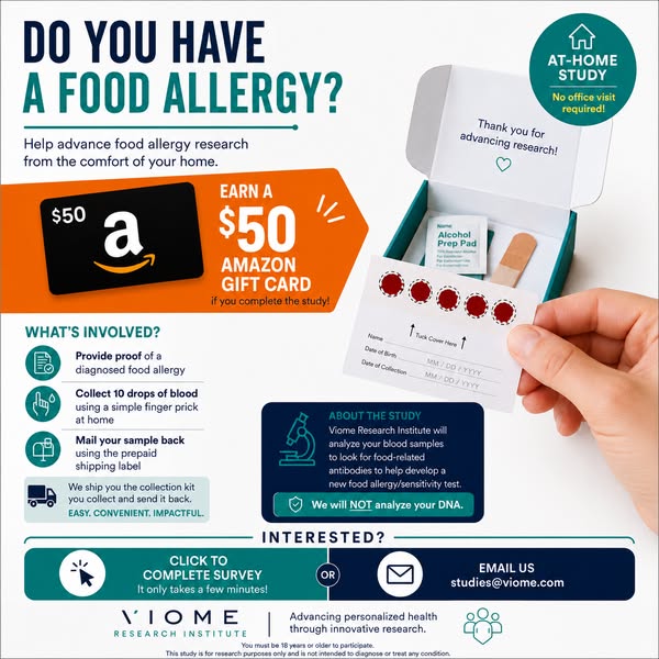 The ad encourages participation in a food allergy study conducted by Viome Research Institute. Participants will receive
