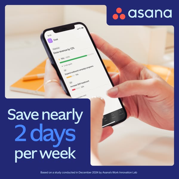 This ad for Asana highlights the time-saving benefits of using the platform. It features a hand holding a phone displayi