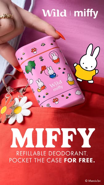 This image ad features the Wild Miffy refillable deodorant. The ad emphasizes the product's portability and the offe