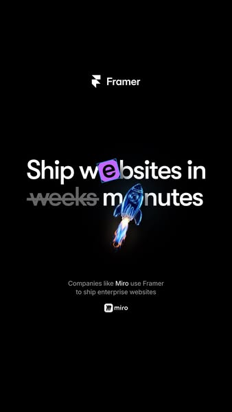 This ad for Framer highlights how their platform reduces website development time from weeks to minutes. It uses a rocke
