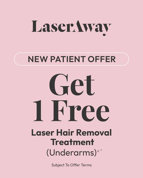 This image ad promotes LaserAway's laser hair removal treatment for new patients, offering one free treatment on und