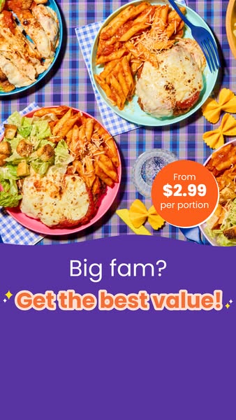 This image ad shows plated meals on a blue and purple plaid tablecloth, promoting great value for families.