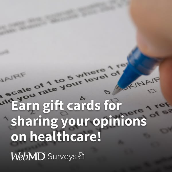 This ad encourages people to share their opinions on healthcare in exchange for gift cards by joining WebMD Surveys.