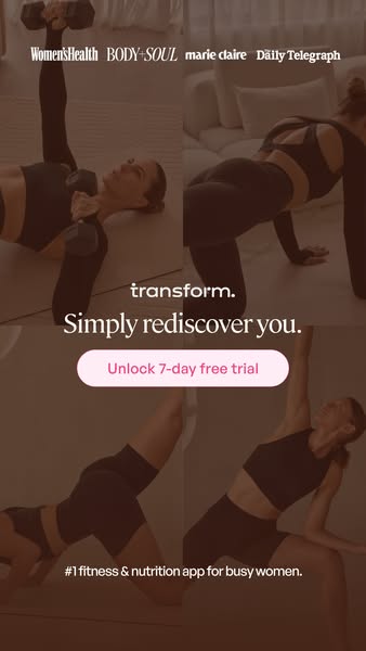 This ad for a fitness and nutrition app targets busy women, emphasizing transformation and rediscovering oneself. The ad