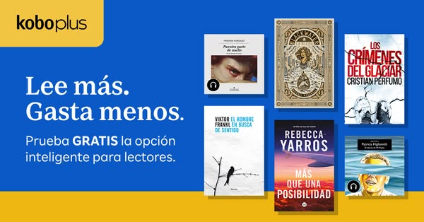 This image ad for Kobo Plus features a blue background with white text promoting the service and six book covers in two 