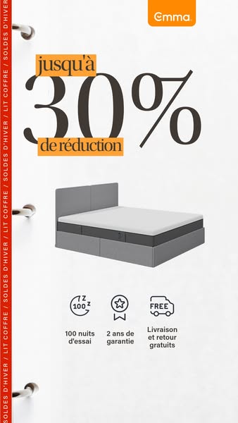 This ad for Emma highlights a bed with storage and advertises a sale of up to 30% off, a 100-night trial, a 2-year guara