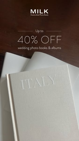 This image ad for MILK promotes a sale of up to 40% off wedding photo books and albums. The ad features a close-up shot 