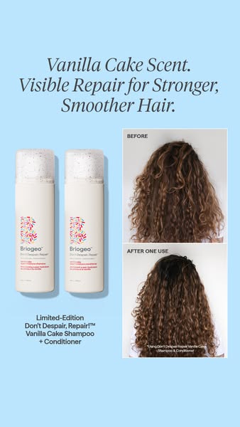 This image ad for Briogeo’s Don’t Despair, Repair! Vanilla Cake Shampoo + Conditioner highlights the product’s ability t
