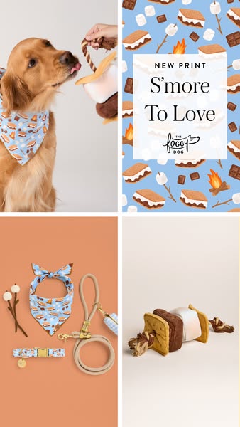 The image ad showcases a new print from The Foggy Dog featuring a s'mores design on a variety of dog accessories. Th