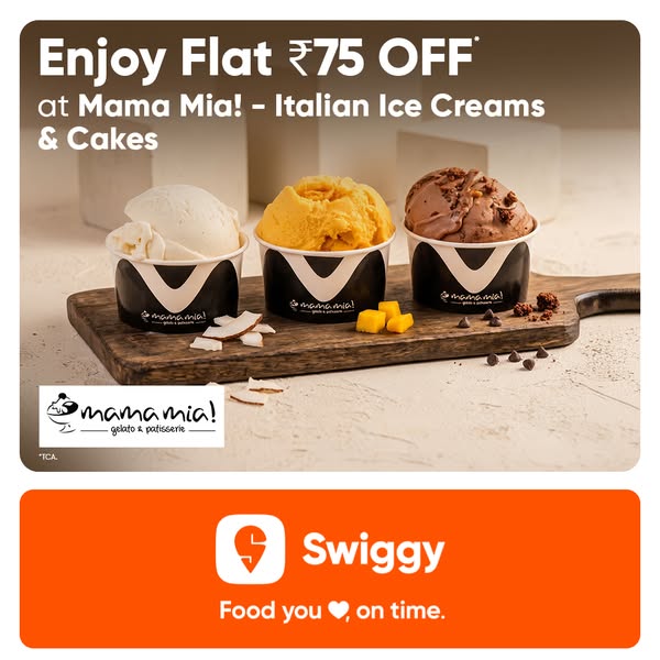 This image ad showcases Mama Mia! Italian Ice Creams & Cakes with an offer of ₹75 OFF when ordered through Swiggy. T