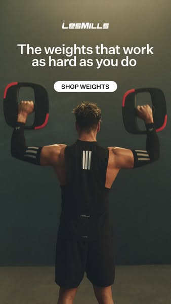 This ad for Les Mills promotes their weights by showing a man working out with them.