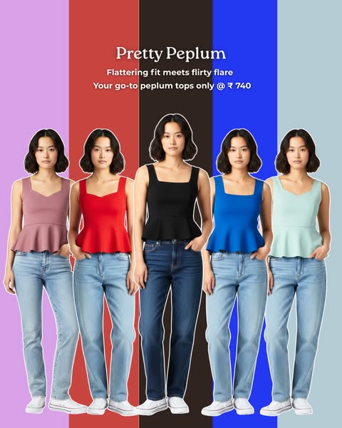 This ad showcases the 'Pretty Peplum' top, highlighting its flattering fit and flirty flare. It is available for