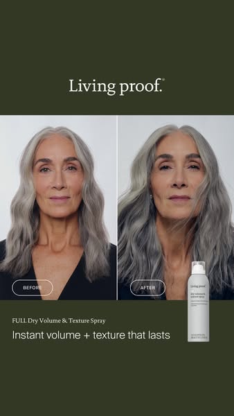 This image ad showcases the Living Proof Full Dry Volume & Texture Spray, highlighting its ability to add instant vo