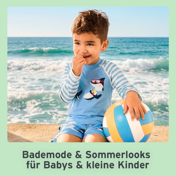 This image ad promotes beachwear and summer looks for babies and small children, featuring a young boy in a shark-themed