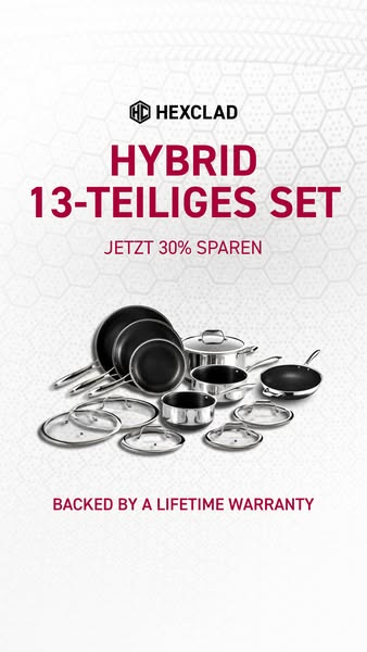 This ad promotes a 13-piece Hexclad hybrid cookware set, highlighting a 30% discount and a lifetime warranty.