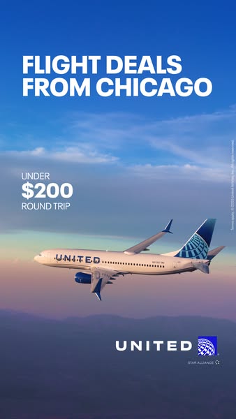 This image ad from United promotes flight deals from Chicago for under $200 round trip. The ad features an airplane flyi